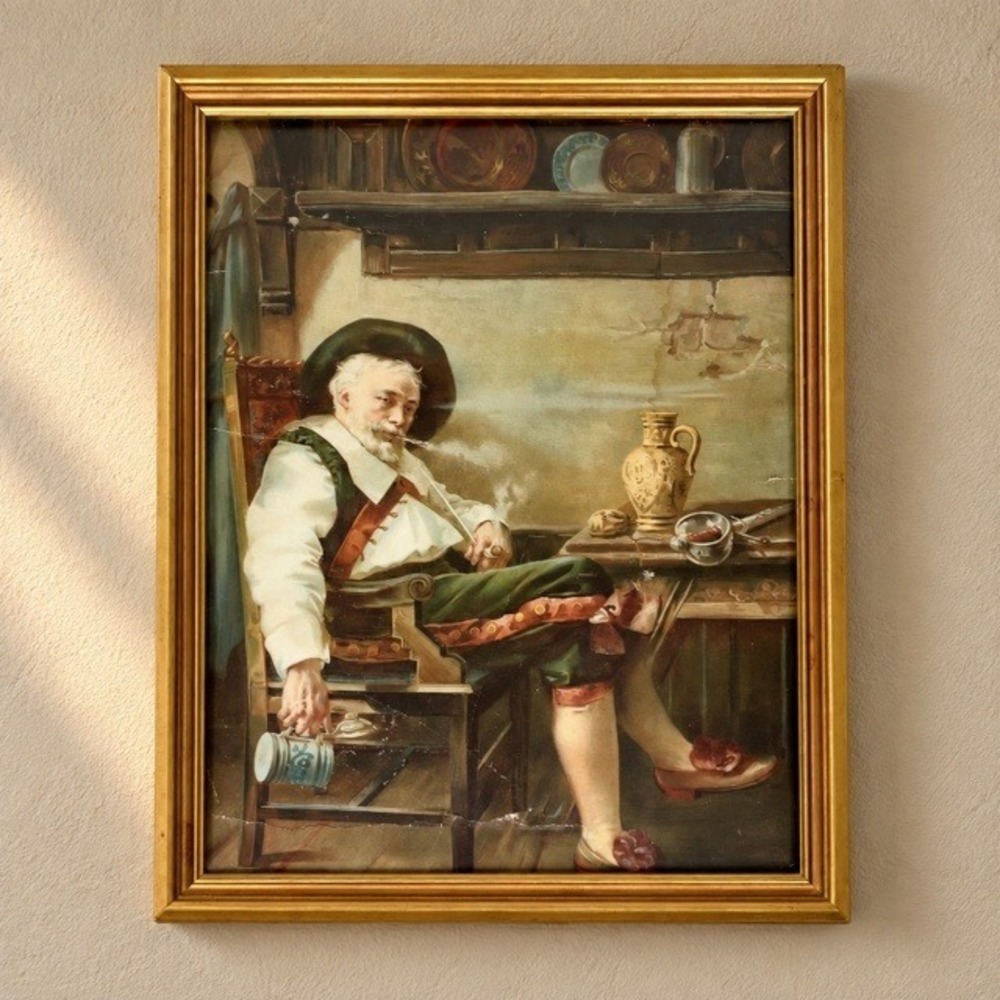 Vintage German Tavern Genre Art Print Beer Stein Smoking Pipe Gold Frame 12x15